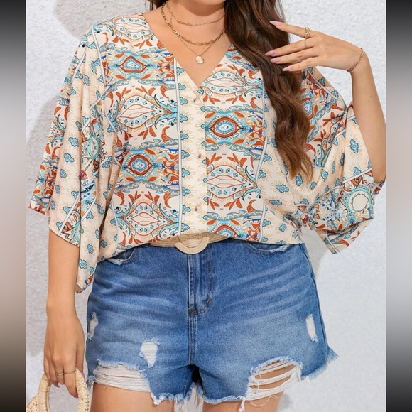 Tops - Boho Plus Size Floral Paisley Print Batwing Sleeve Top Blouse Shirt